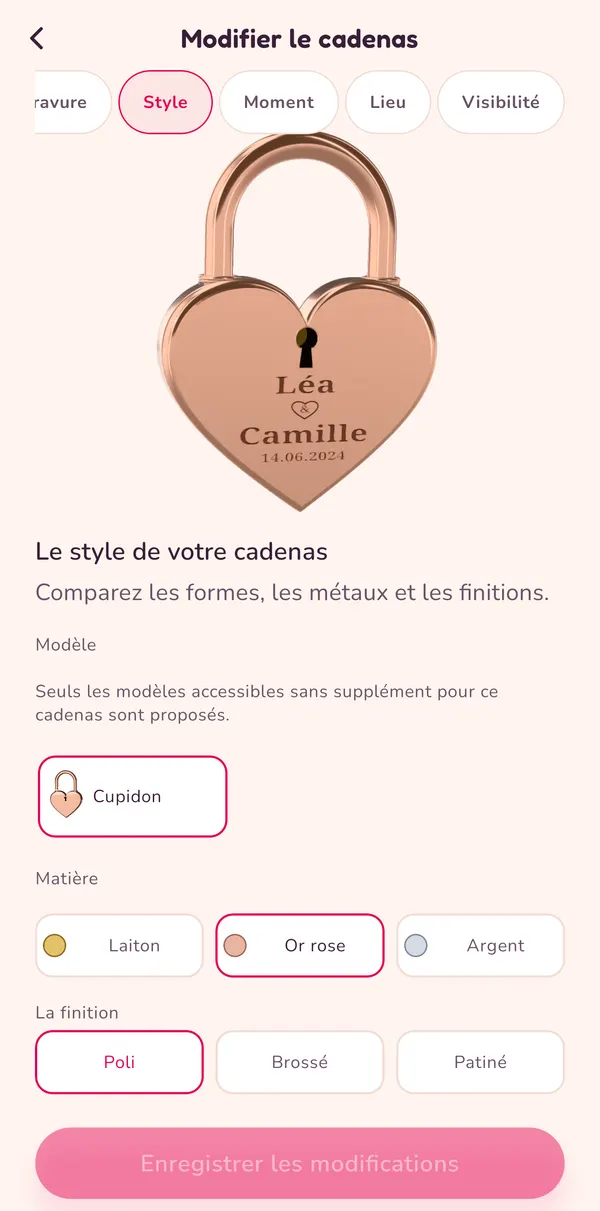 Écran de l’application Padlove : choix du cadenas, du métal et de la finition.
