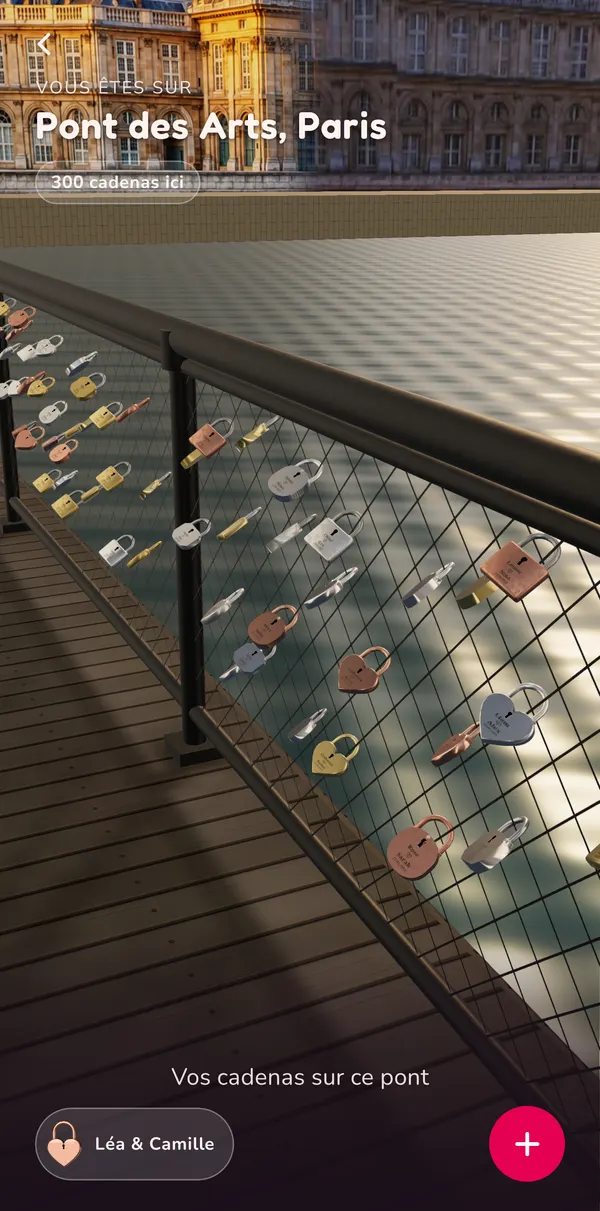 Écran de l’application Padlove : promenade en 3D sur le Pont des Arts.
