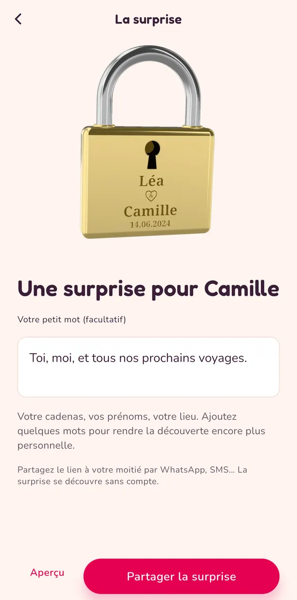 Écran de l’application Padlove : la surprise à partager avec un petit mot.