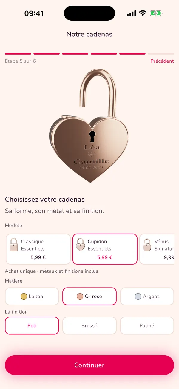 Écran de l’application Padlove : choix du cadenas, du métal et de la finition.