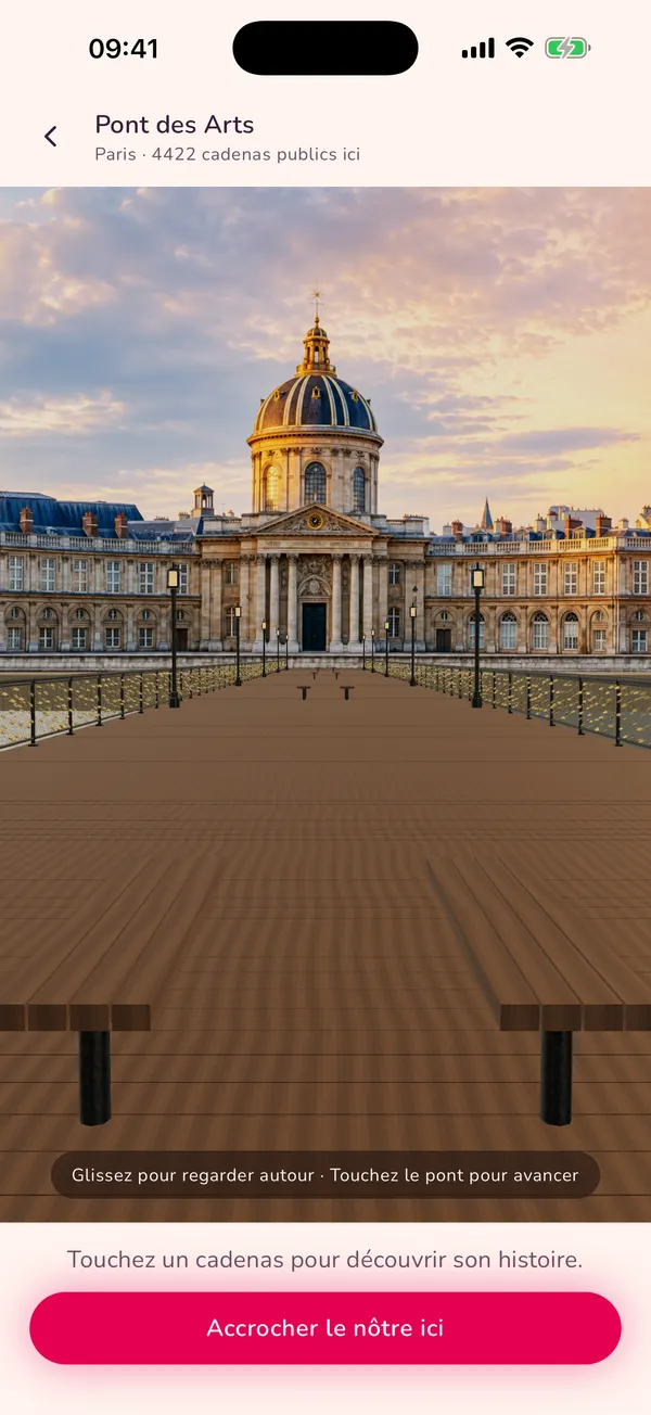 Écran de l’application Padlove : promenade en 3D sur le Pont des Arts.